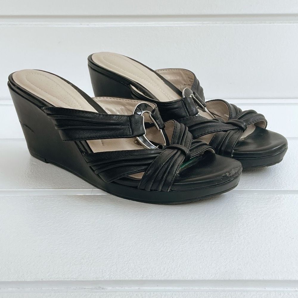 Andrew Geller Frayley Women's Black Leather Strappy Wedge Sandals Size 6.5